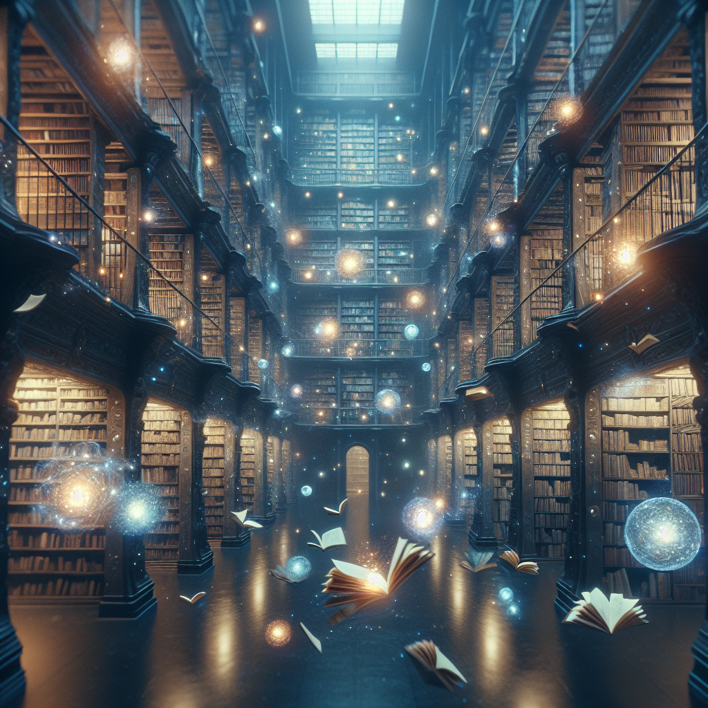 A magical library with endless shelves, floating books, and glowing orbs of light